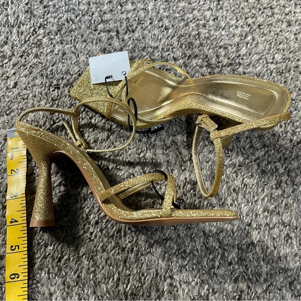 Zara Gold Strappy Glitter Heeled Sandals Size 6 - Picture 12 of 15